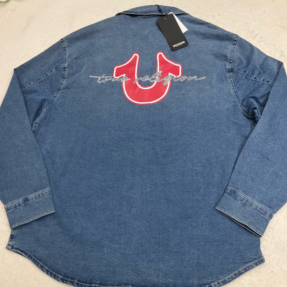 NWT TRUE RELIGION Oversized Denim Crystal Long Sleeve Button Down Shirt 600119
